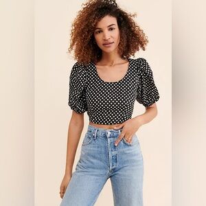 Free People Black and White Polka Dot Puff Sleeve Crop Top